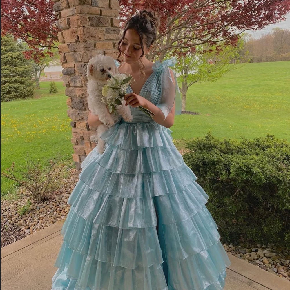 Light Blue Ruffled Tulle Formal Gown
